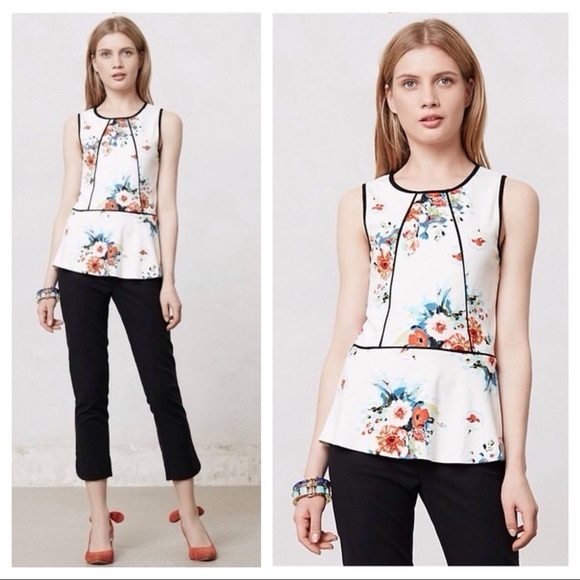 Anthropologie White Floral Peplum Top Size L EUC - Picture 2 of 6